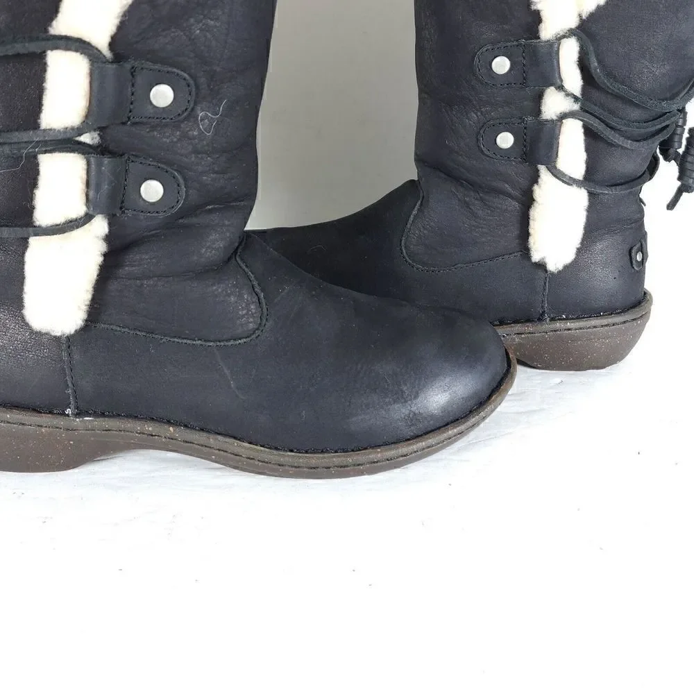 UGG Women's Akadia US 7 Black Leather Sheepskin Shearling Mid Calf Winter Boots